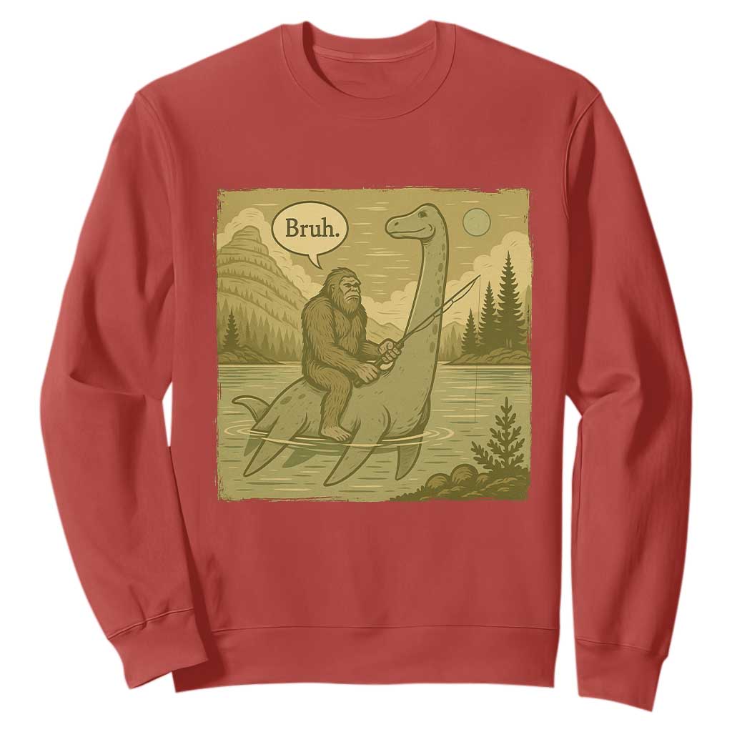 Funny Bigfoot Fishing Sweatshirt Sasquatch Loch Ness Monster Introvert Bruh TS14 Red Print Your Wear