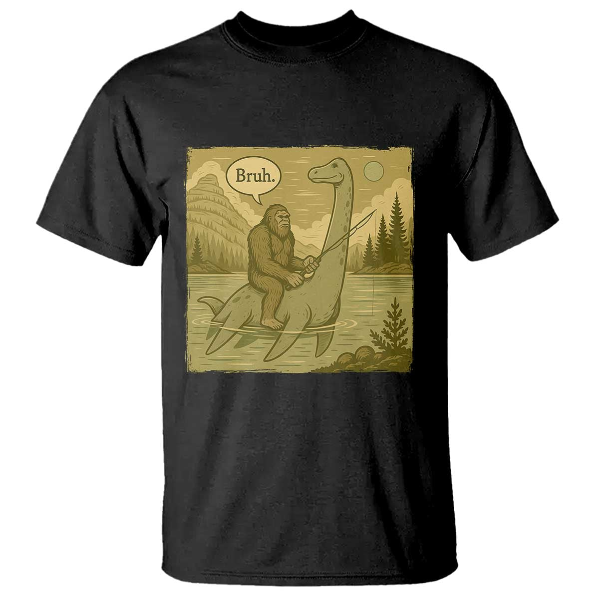 Funny Bigfoot Fishing T Shirt Sasquatch Loch Ness Monster Introvert Bruh TS14 Black Print Your Wear