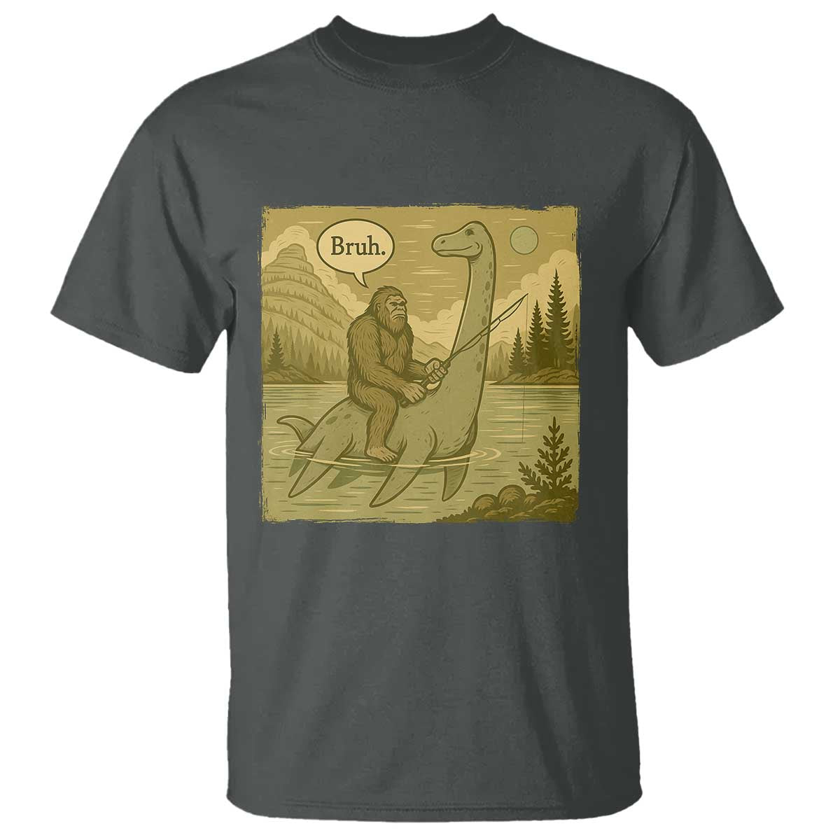 Funny Bigfoot Fishing T Shirt Sasquatch Loch Ness Monster Introvert Bruh TS14 Dark Heather Print Your Wear