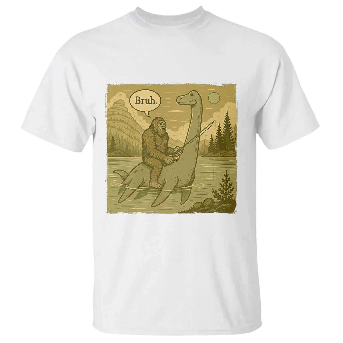 Funny Bigfoot Fishing T Shirt Sasquatch Loch Ness Monster Introvert Bruh TS14 White Print Your Wear