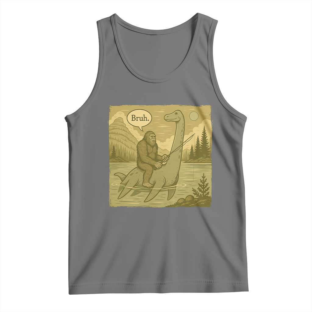 Funny Bigfoot Fishing Tank Top Sasquatch Loch Ness Monster Introvert Bruh TS14 Black Heather Print Your Wear