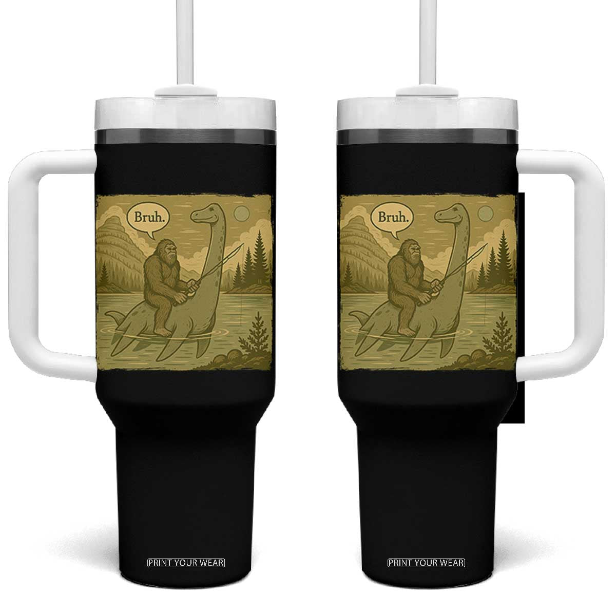 Funny Bigfoot Fishing Tumbler With Handle Sasquatch Loch Ness Monster Introvert Bruh TS14 One Size: 40 oz Black Print Your Wear