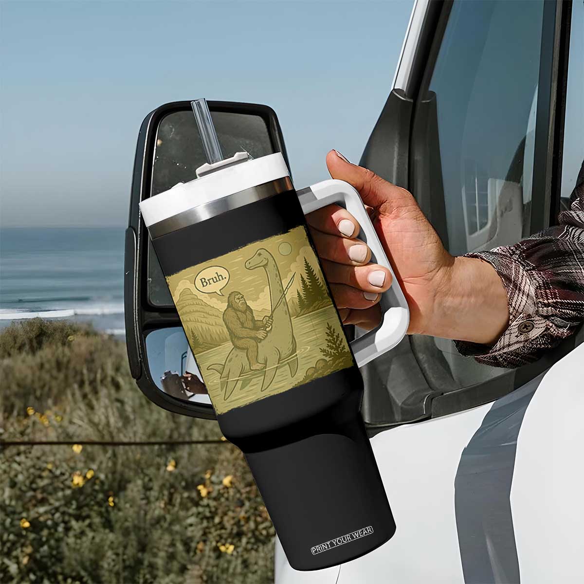 Funny Bigfoot Fishing Tumbler With Handle Sasquatch Loch Ness Monster Introvert Bruh TS14 Print Your Wear