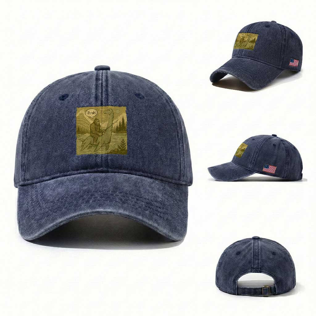 Funny Bigfoot Fishing Washed Cotton Baseball Cap Sasquatch Loch Ness Monster Introvert Bruh TS14 Washed Cap Universal Fit Navy Print Your Wear