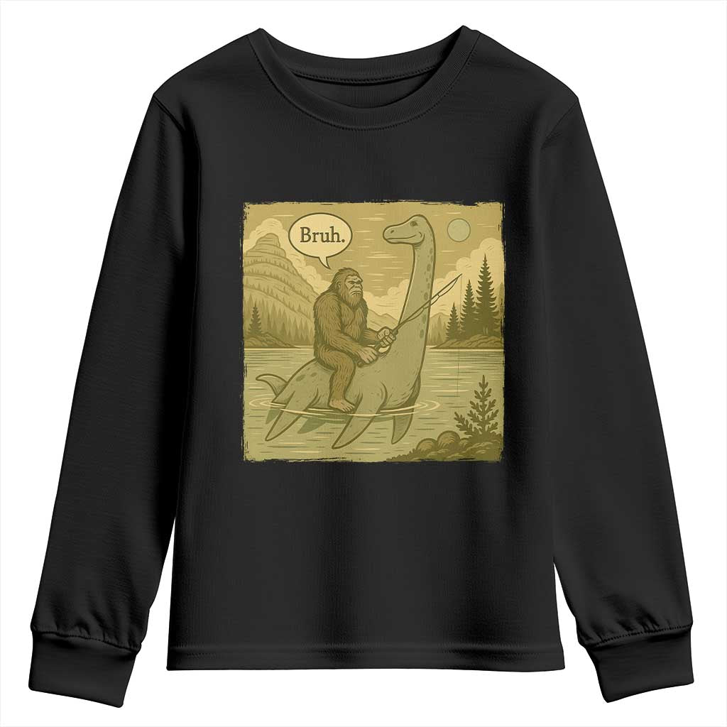 Funny Bigfoot Fishing Youth Sweatshirt Sasquatch Loch Ness Monster Introvert Bruh TS14 Black Print Your Wear