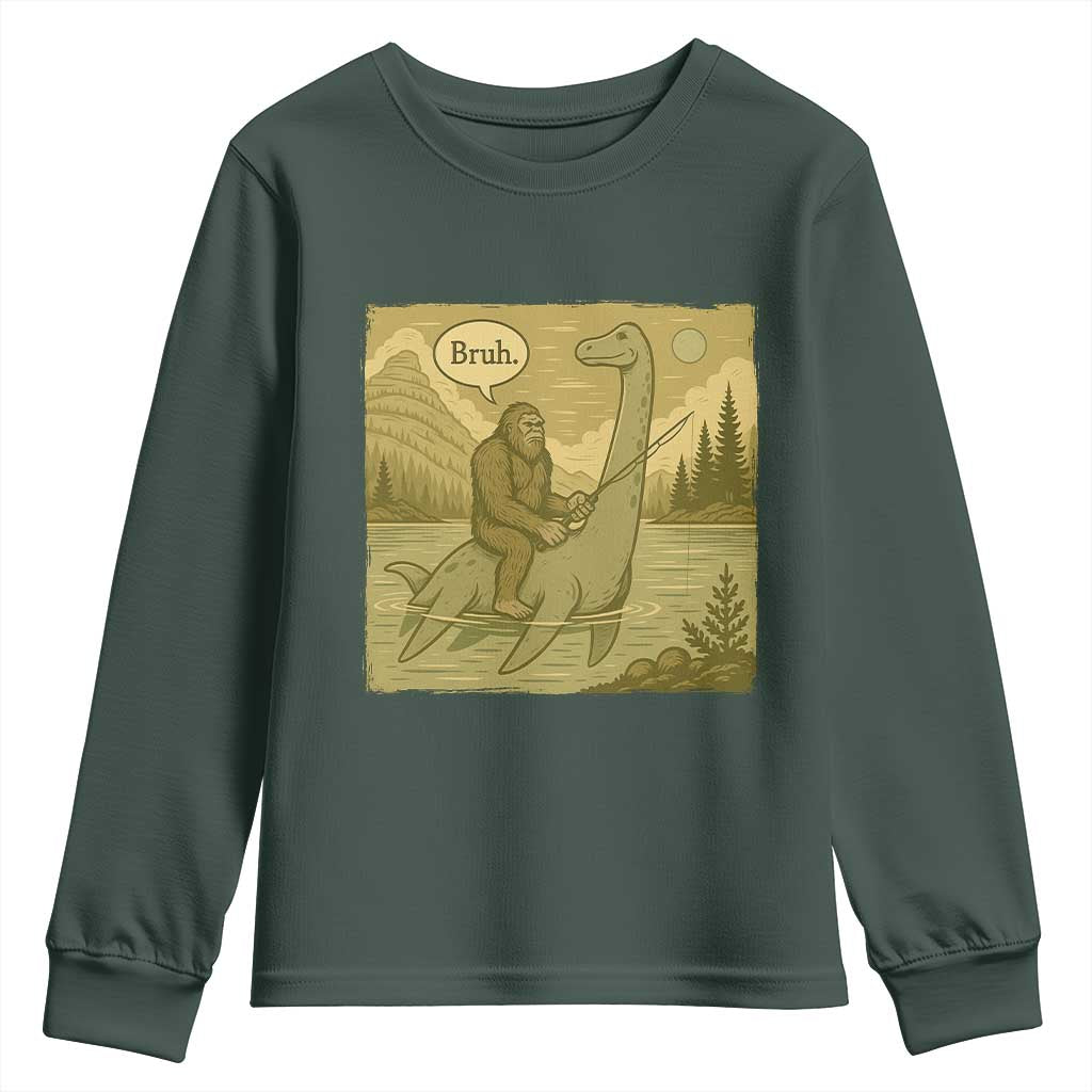 Funny Bigfoot Fishing Youth Sweatshirt Sasquatch Loch Ness Monster Introvert Bruh TS14 Dark Forest Green Print Your Wear