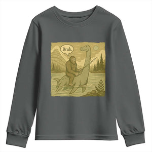Funny Bigfoot Fishing Youth Sweatshirt Sasquatch Loch Ness Monster Introvert Bruh TS14 Dark Heather Print Your Wear