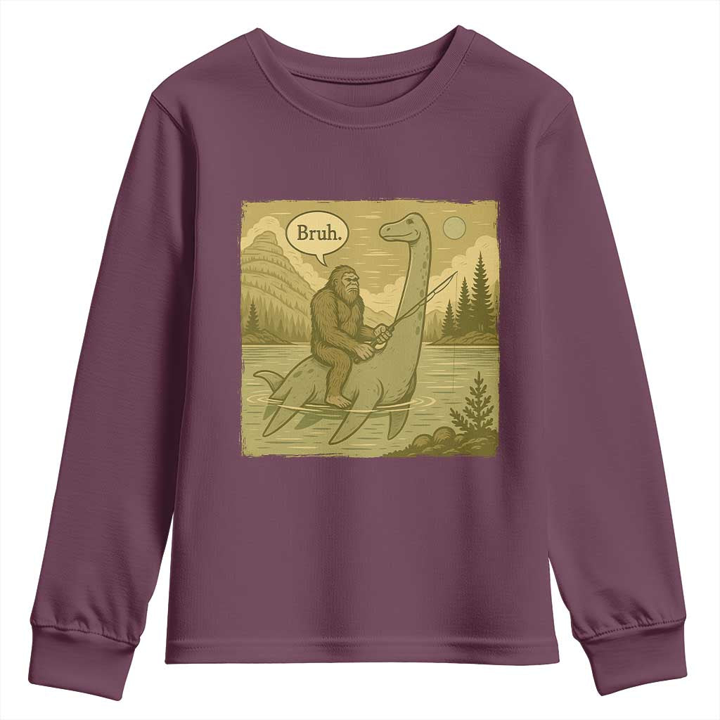 Funny Bigfoot Fishing Youth Sweatshirt Sasquatch Loch Ness Monster Introvert Bruh TS14 Maroon Print Your Wear