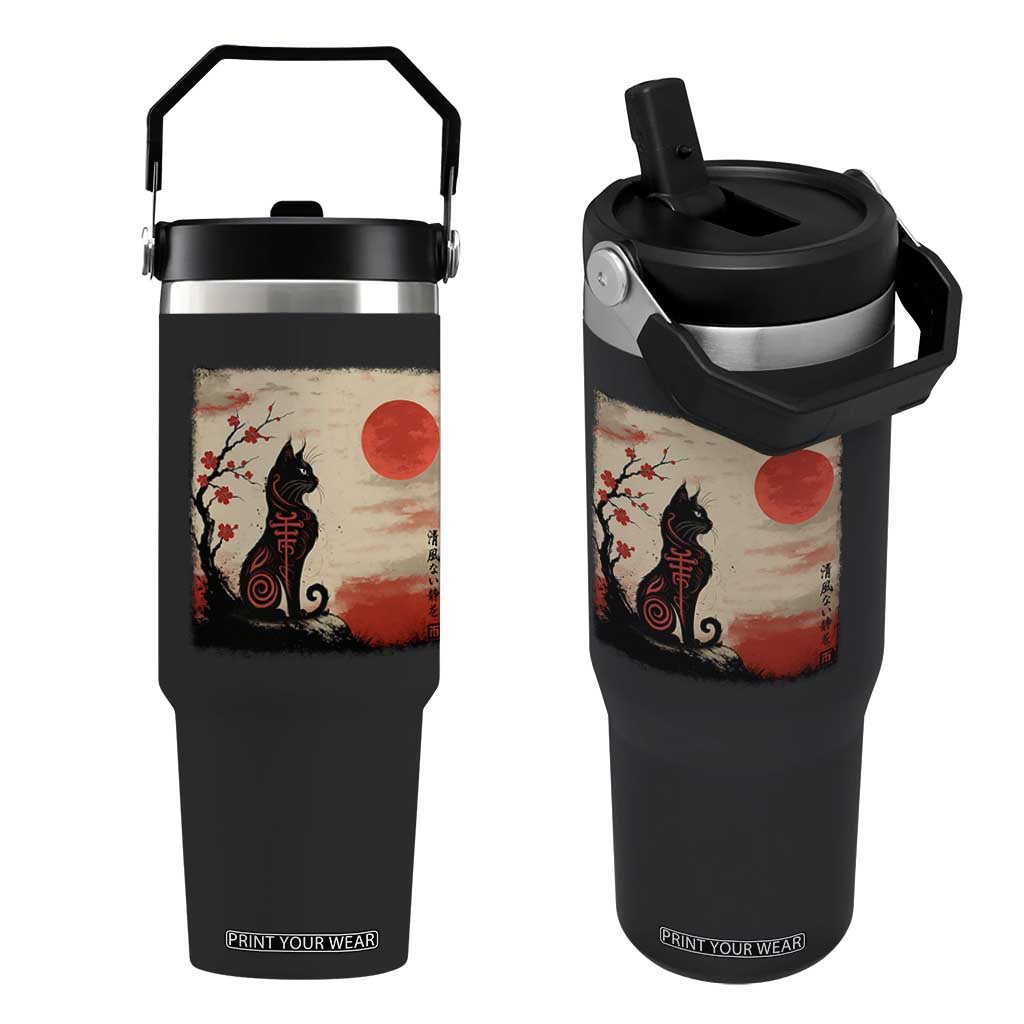 Kawaii Anime Cat Japanese Cherry Blossom Flip Straw Tumbler TS14 One Size: 30 oz Black Print Your Wear
