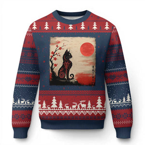 Kawaii Anime Cat Japanese Cherry Blossom Ugly Christmas Sweater TS14 Navy Red Print Your Wear