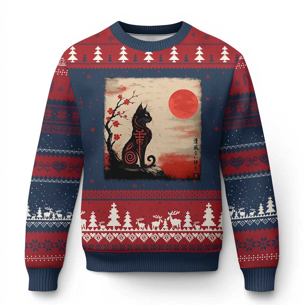 Kawaii Anime Cat Japanese Cherry Blossom Ugly Christmas Sweater TS14 Navy Red Print Your Wear