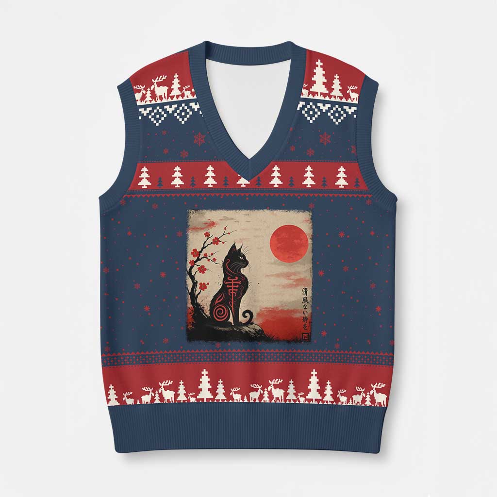 Kawaii Anime Cat Japanese Cherry Blossom V-Neck Knit Sweater Vest TS14 Navy Red Print Your Wear