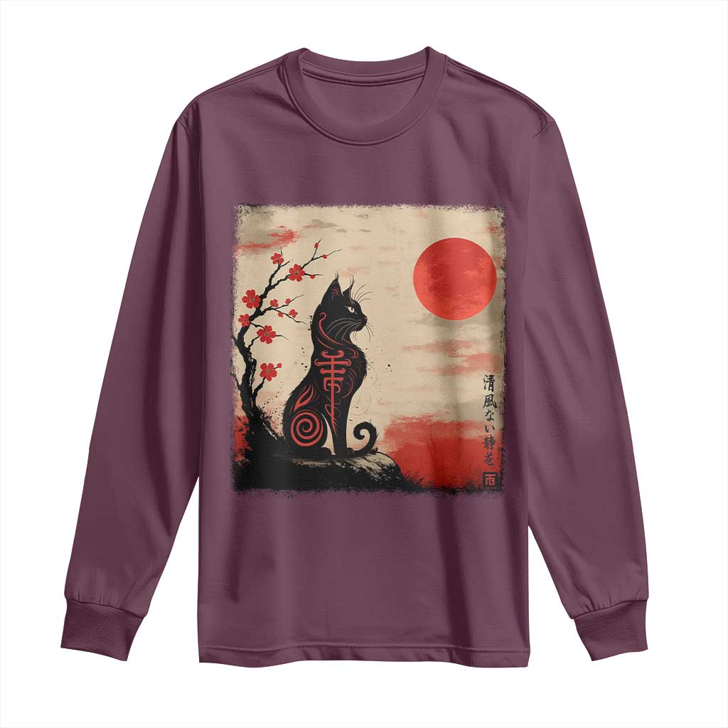 Kawaii Anime Cat Japanese Cherry Blossom Long Sleeve Shirt TS14 Maroon Print Your Wear