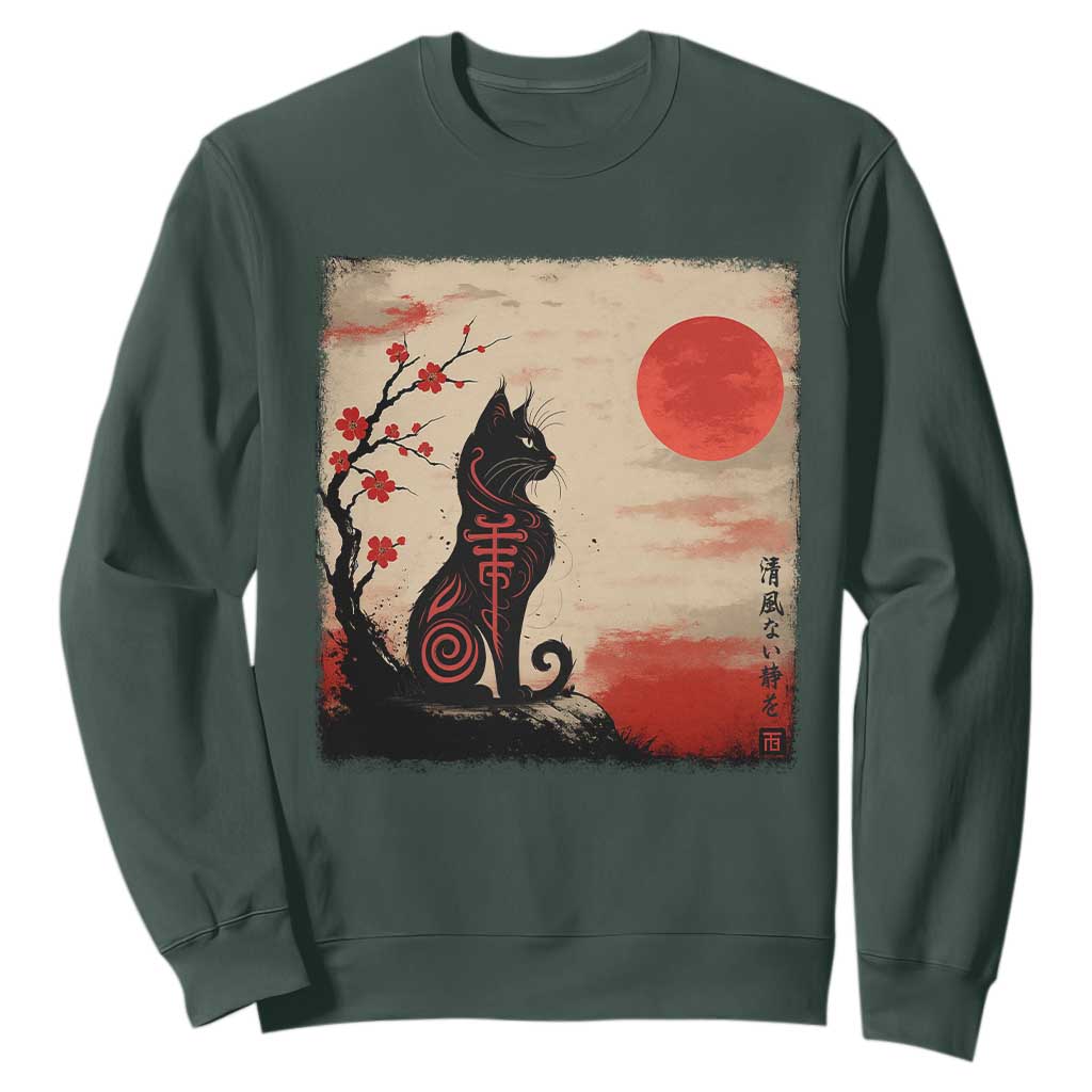 Kawaii Anime Cat Japanese Cherry Blossom Sweatshirt TS14 Dark Forest Green Print Your Wear