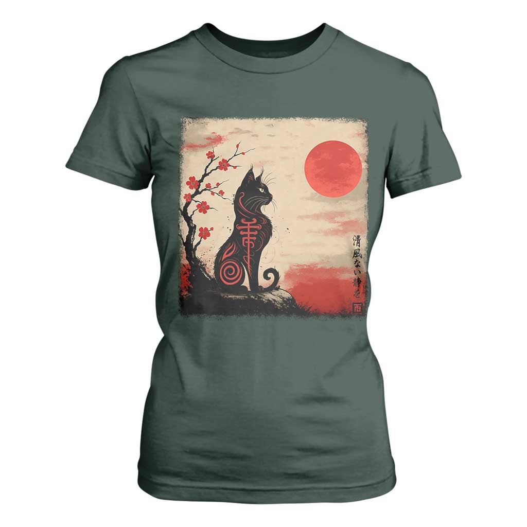 Kawaii Anime Cat Japanese Cherry Blossom T Shirt For Women TS14 Dark Forest Green Print Your Wear