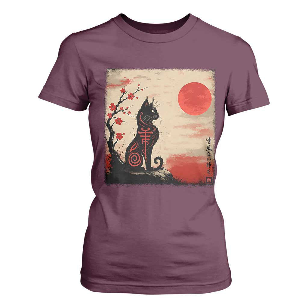 Kawaii Anime Cat Japanese Cherry Blossom T Shirt For Women TS14 Maroon Print Your Wear