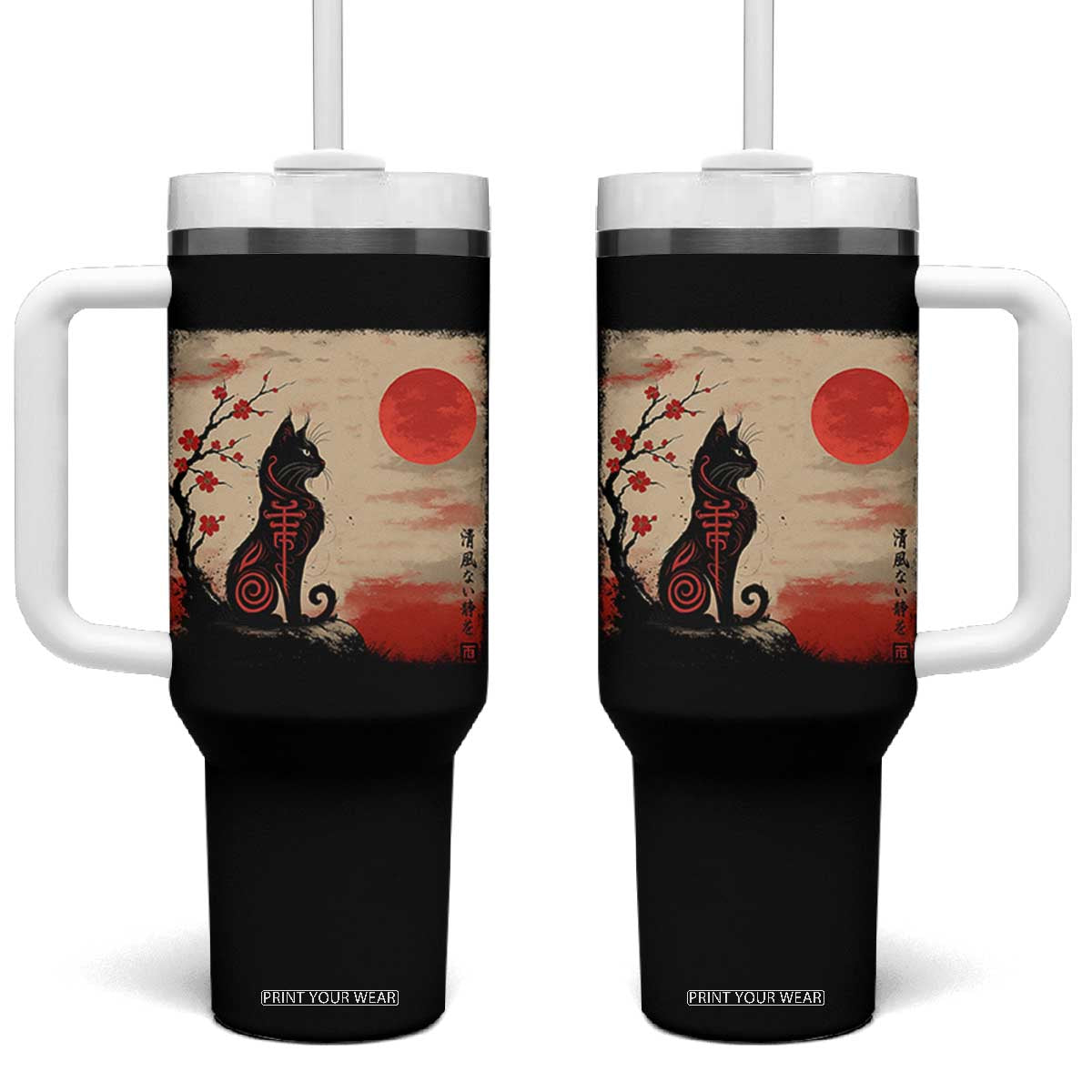 Kawaii Anime Cat Japanese Cherry Blossom Tumbler With Handle TS14 One Size: 40 oz Black Print Your Wear
