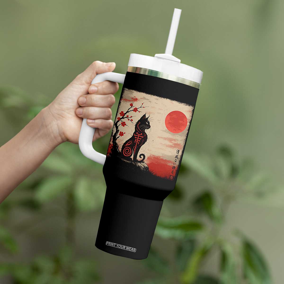 Kawaii Anime Cat Japanese Cherry Blossom Tumbler With Handle TS14 Print Your Wear