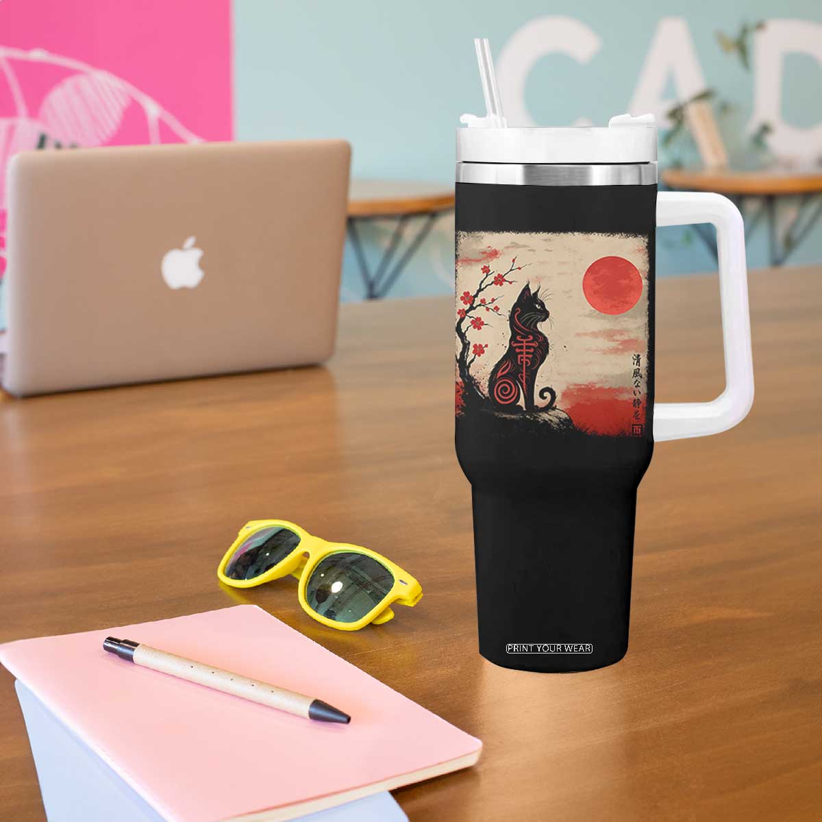 Kawaii Anime Cat Japanese Cherry Blossom Tumbler With Handle TS14 Print Your Wear