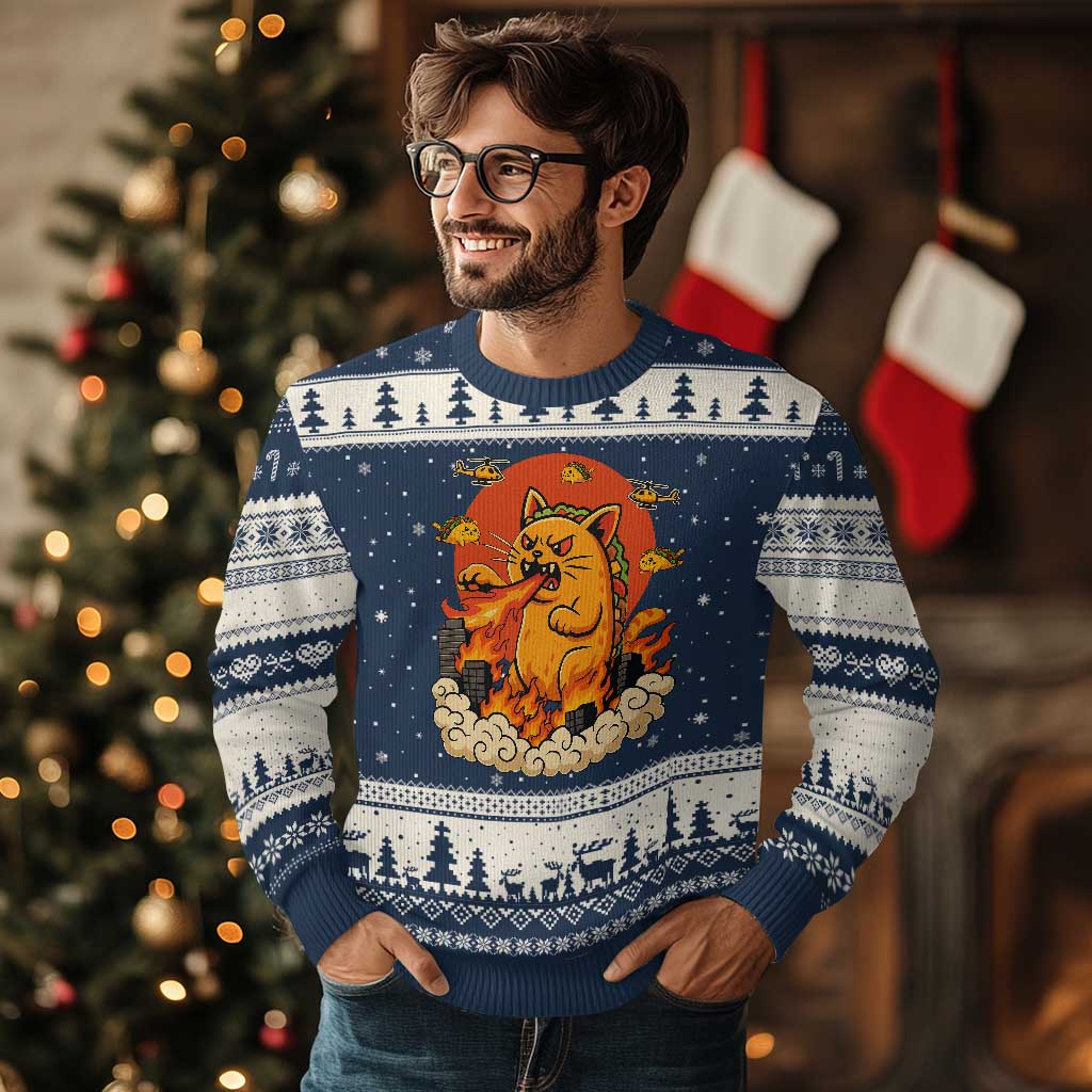 Tacocat Monster Ugly Christmas Sweater Funny Cats Taco Lovers TS14 Navy Beige Print Your Wear