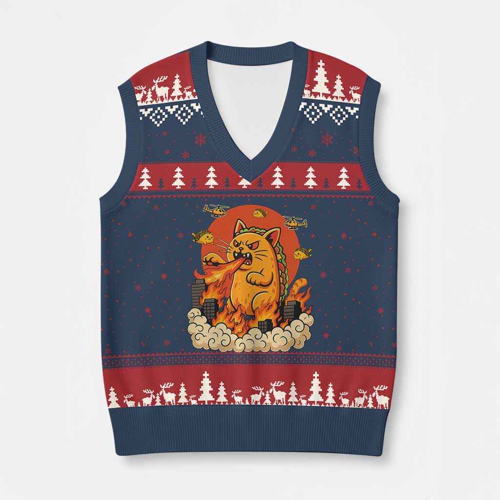 Tacocat Monster V-Neck Knit Sweater Vest Funny Cats Taco Lovers TS14 Navy Red Print Your Wear