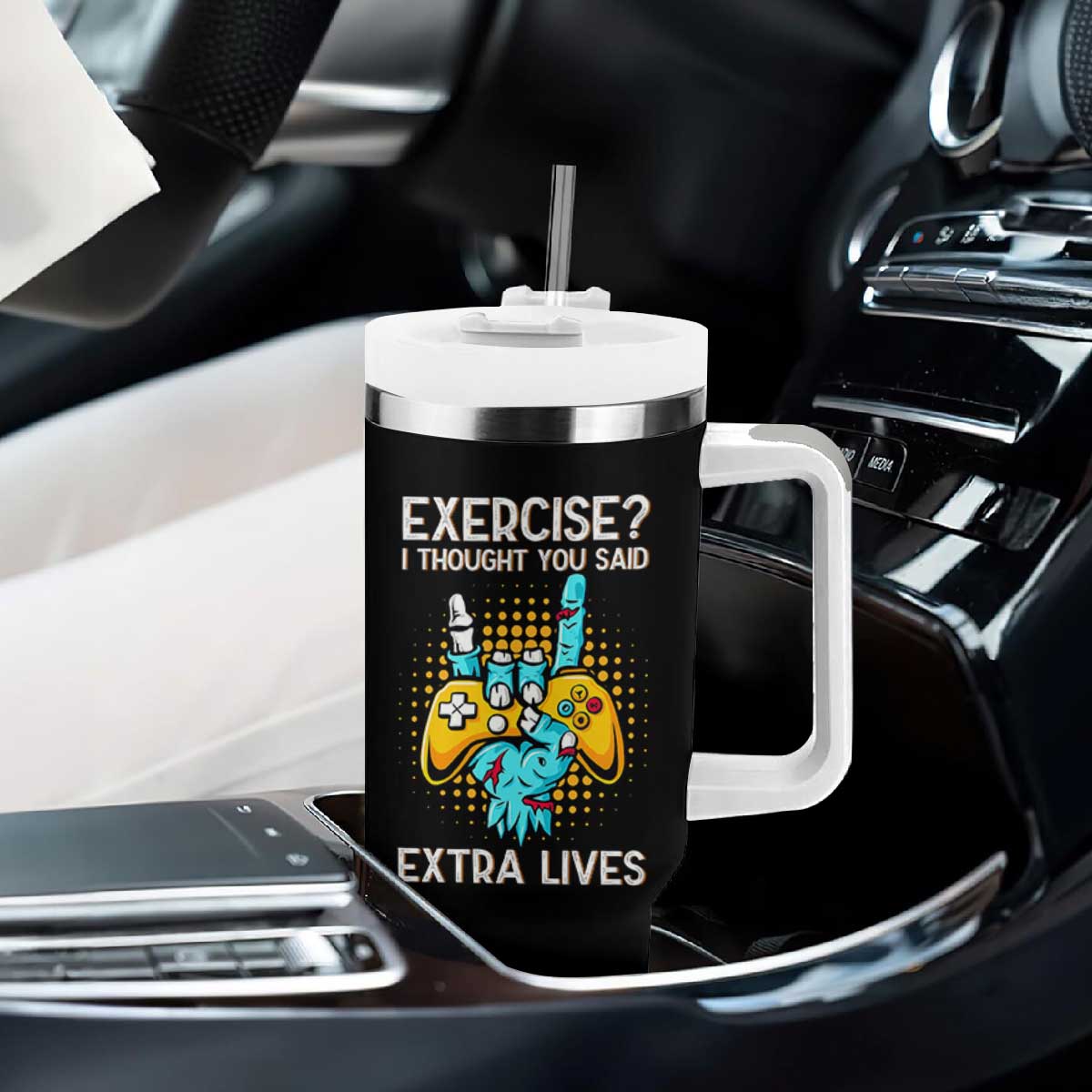 Funny Gamer Skeleton Hand Tumbler With Handle Exercise I Thought You Said Extra Lives TS14 Print Your Wear
