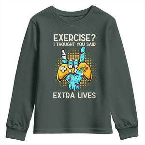 Funny Gamer Skeleton Hand Youth Sweatshirt Exercise I Thought You Said Extra Lives TS14 Dark Forest Green Print Your Wear