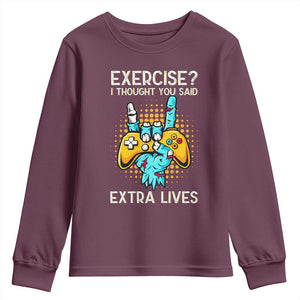 Funny Gamer Skeleton Hand Youth Sweatshirt Exercise I Thought You Said Extra Lives TS14 Maroon Print Your Wear