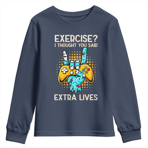Funny Gamer Skeleton Hand Youth Sweatshirt Exercise I Thought You Said Extra Lives TS14 Navy Print Your Wear