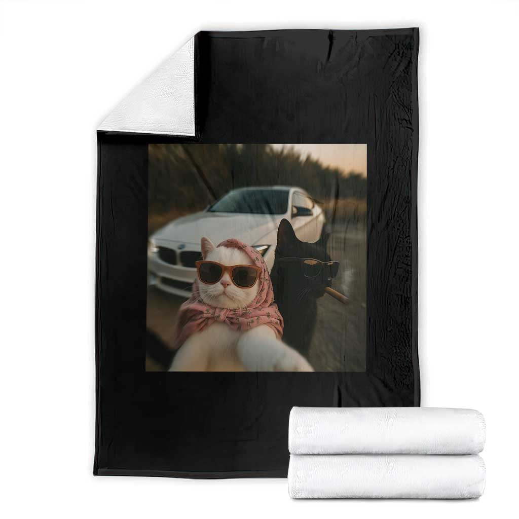Cats Selfie Meme Throw Blanket Funny Black Cat Smoking Cigarette With Car TS14 Black Print Your Wear