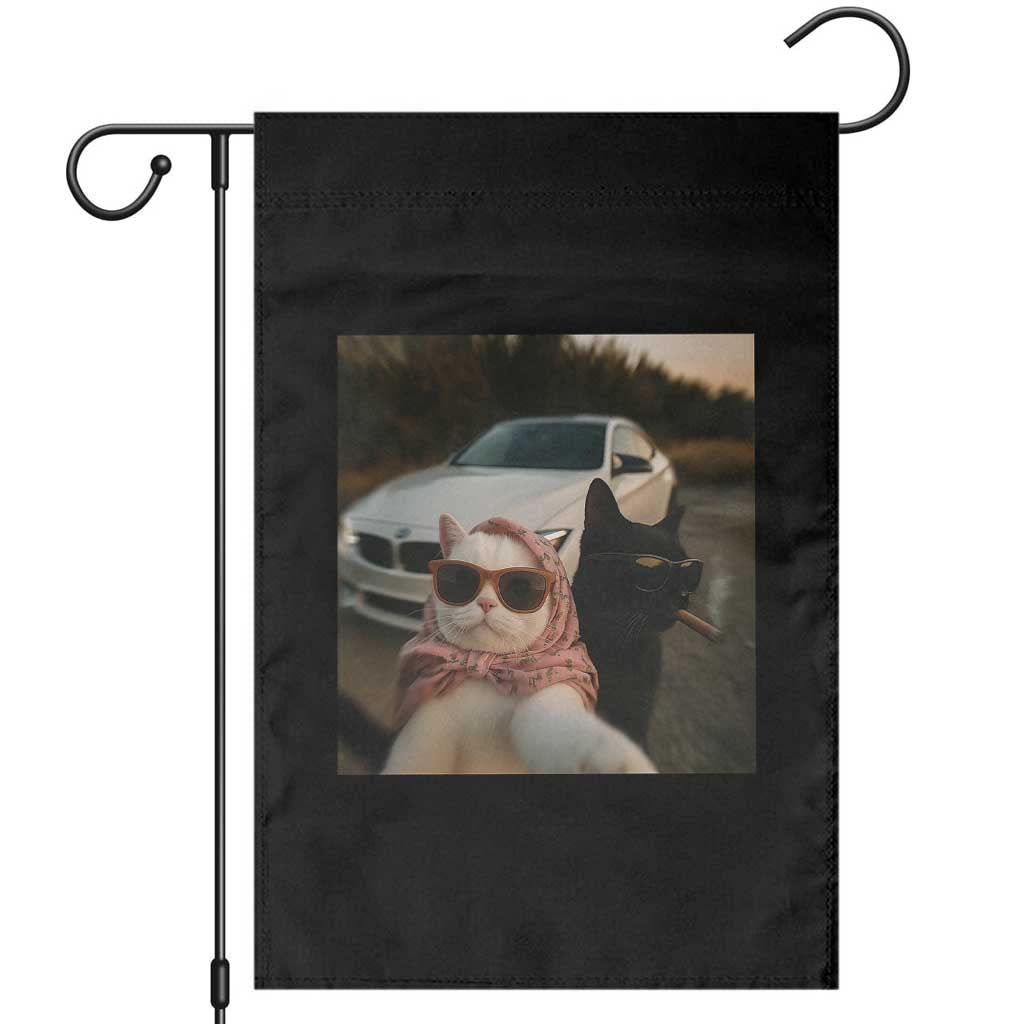 Cats Selfie Meme Garden Flag Funny Black Cat Smoking Cigarette With Car TS14 Black Print Your Wear