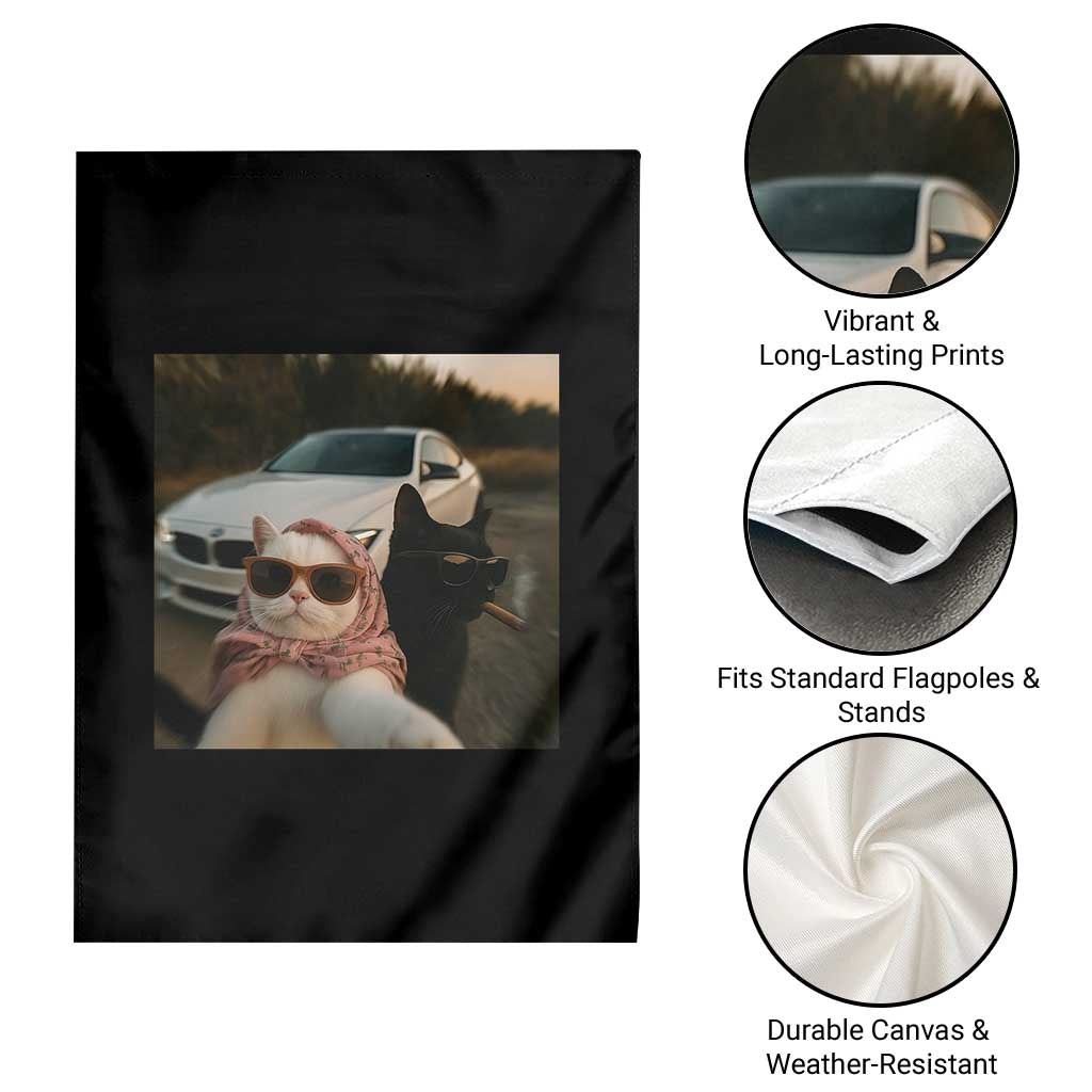 Cats Selfie Meme Garden Flag Funny Black Cat Smoking Cigarette With Car TS14 Print Your Wear