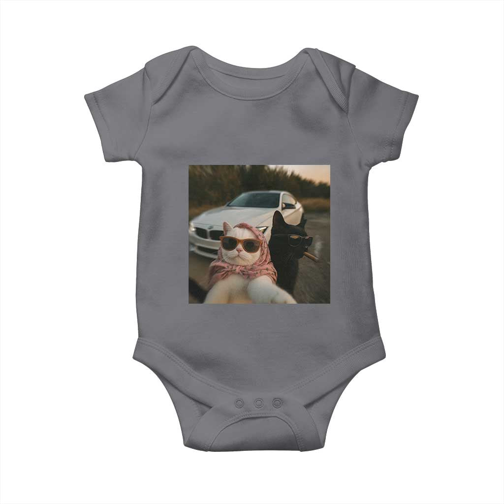 Cats Selfie Meme Baby Onesie Funny Black Cat Smoking Cigarette With Car TS14 Charcoal Print Your Wear