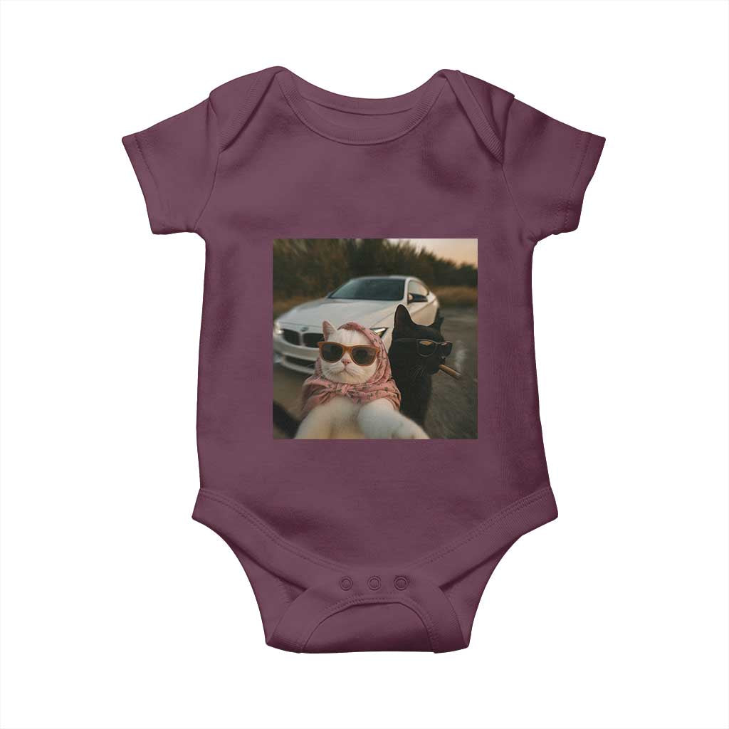 Cats Selfie Meme Baby Onesie Funny Black Cat Smoking Cigarette With Car TS14 Maroon Print Your Wear