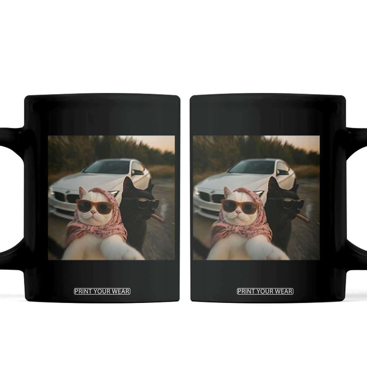 Cats Selfie Meme Coffee Mug Funny Black Cat Smoking Cigarette With Car TS14 Black Print Your Wear