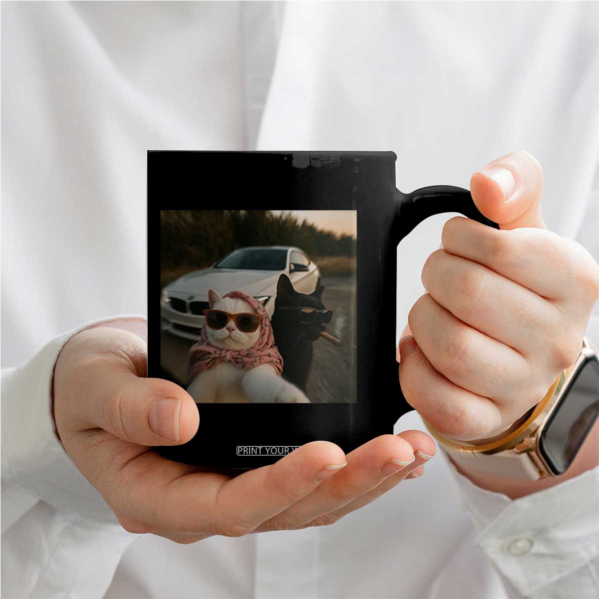 Cats Selfie Meme Coffee Mug Funny Black Cat Smoking Cigarette With Car TS14 Print Your Wear
