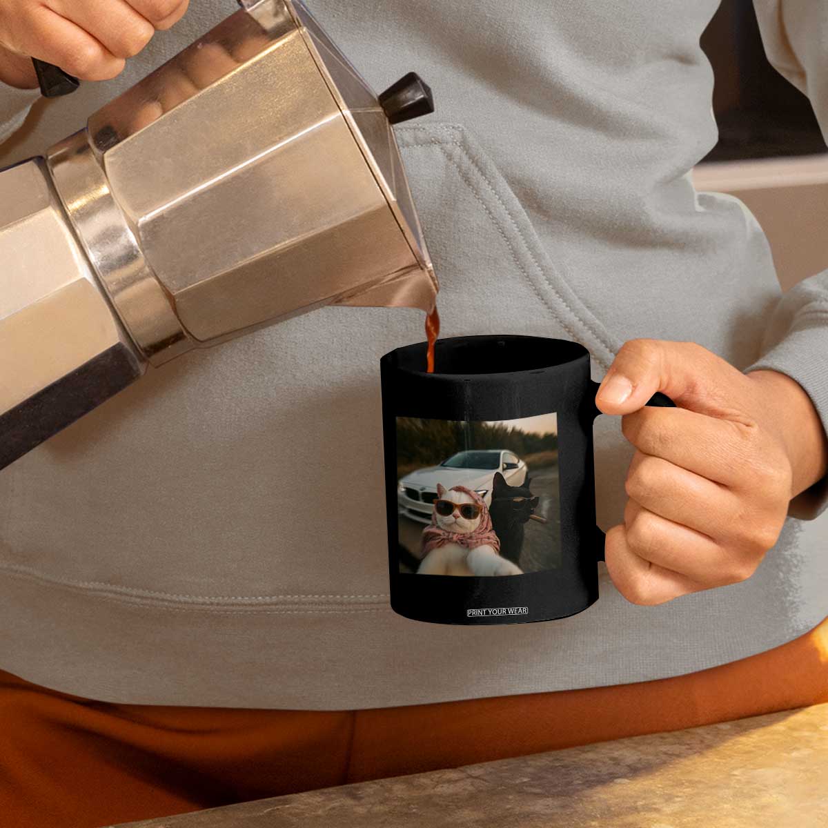 Cats Selfie Meme Coffee Mug Funny Black Cat Smoking Cigarette With Car TS14 Print Your Wear