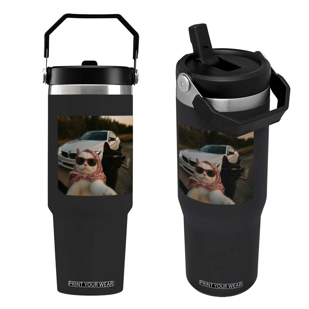 Cats Selfie Meme Flip Straw Tumbler Funny Black Cat Smoking Cigarette With Car TS14 One Size: 30 oz Black Print Your Wear