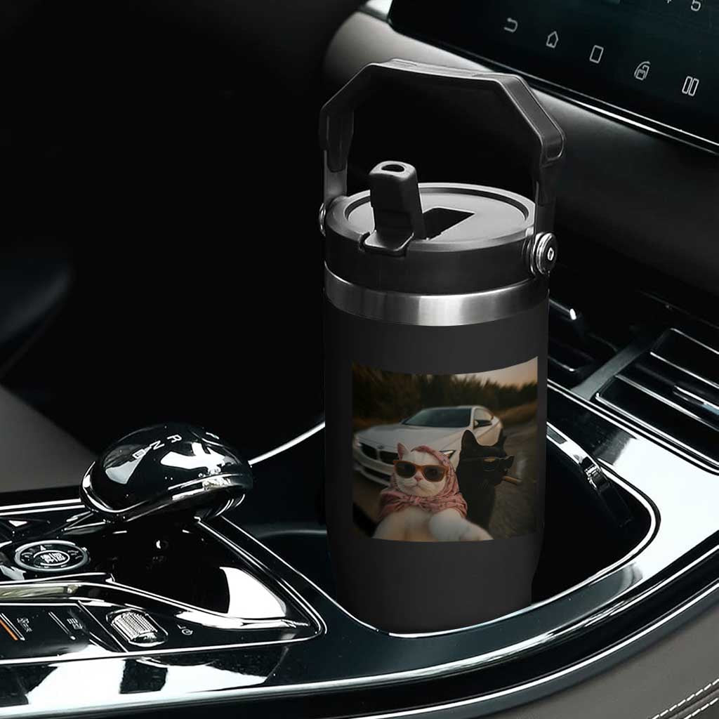 Cats Selfie Meme Flip Straw Tumbler Funny Black Cat Smoking Cigarette With Car TS14 Print Your Wear