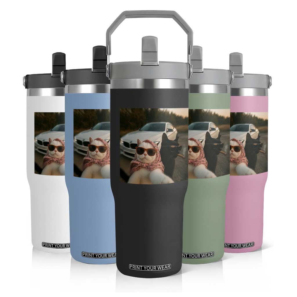 Cats Selfie Meme Flip Straw Tumbler Funny Black Cat Smoking Cigarette With Car TS14 Print Your Wear