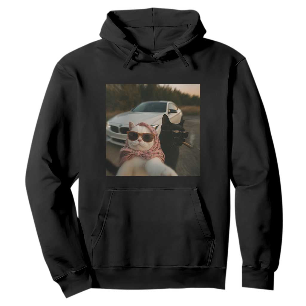 Cats Selfie Meme Hoodie Funny Black Cat Smoking Cigarette With Car TS14 Black Print Your Wear
