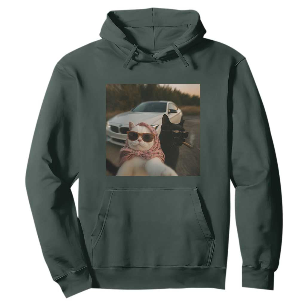 Cats Selfie Meme Hoodie Funny Black Cat Smoking Cigarette With Car TS14 Dark Forest Green Print Your Wear