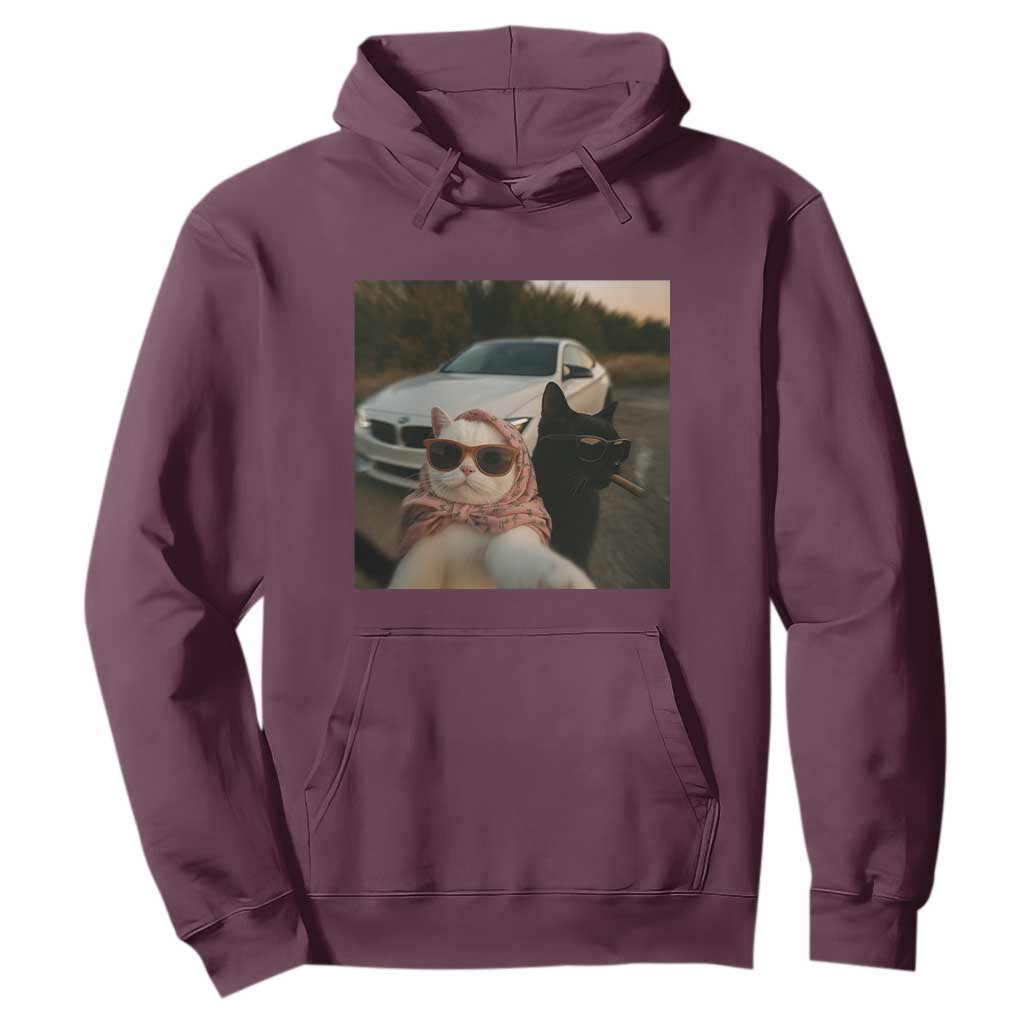 Cats Selfie Meme Hoodie Funny Black Cat Smoking Cigarette With Car TS14 Maroon Print Your Wear