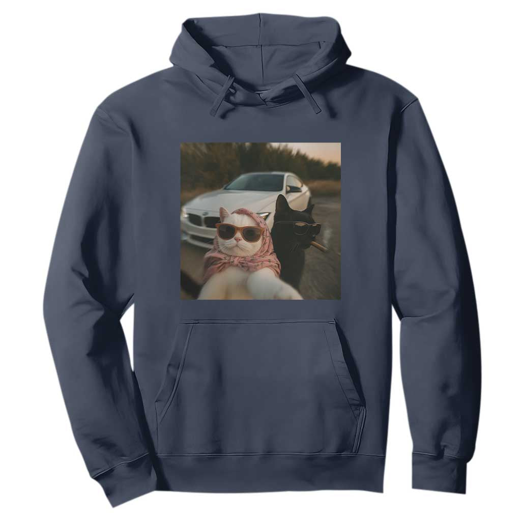 Cats Selfie Meme Hoodie Funny Black Cat Smoking Cigarette With Car TS14 Navy Print Your Wear