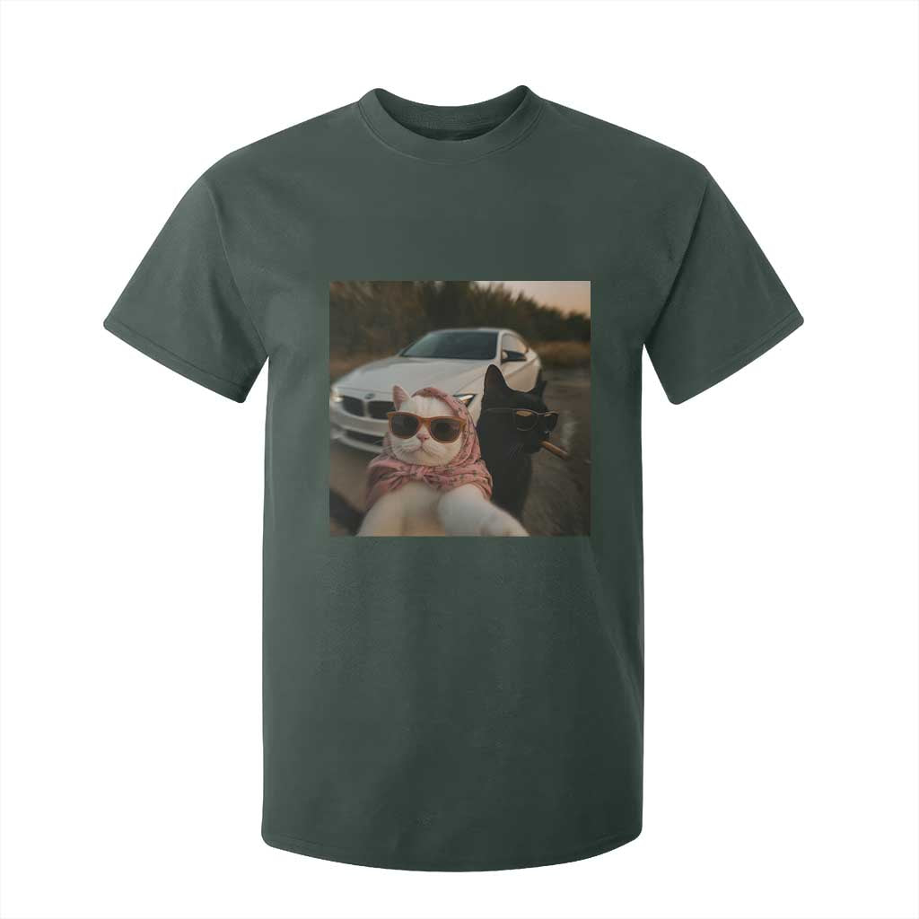 Cats Selfie Meme T Shirt For Kid Funny Black Cat Smoking Cigarette With Car TS14 Dark Forest Green Print Your Wear