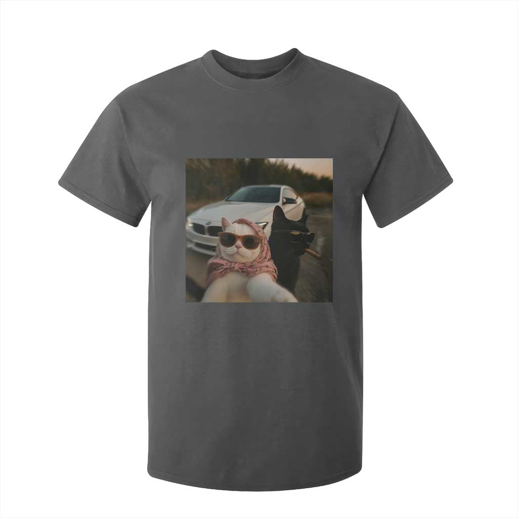 Cats Selfie Meme T Shirt For Kid Funny Black Cat Smoking Cigarette With Car TS14 Dark Heather Print Your Wear