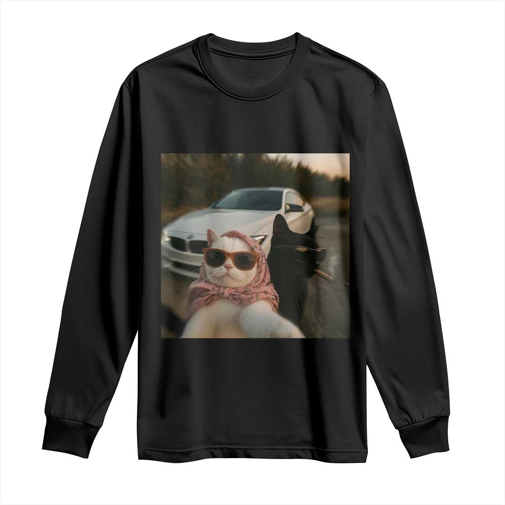 Cats Selfie Meme Long Sleeve Shirt Funny Black Cat Smoking Cigarette With Car TS14 Black Print Your Wear
