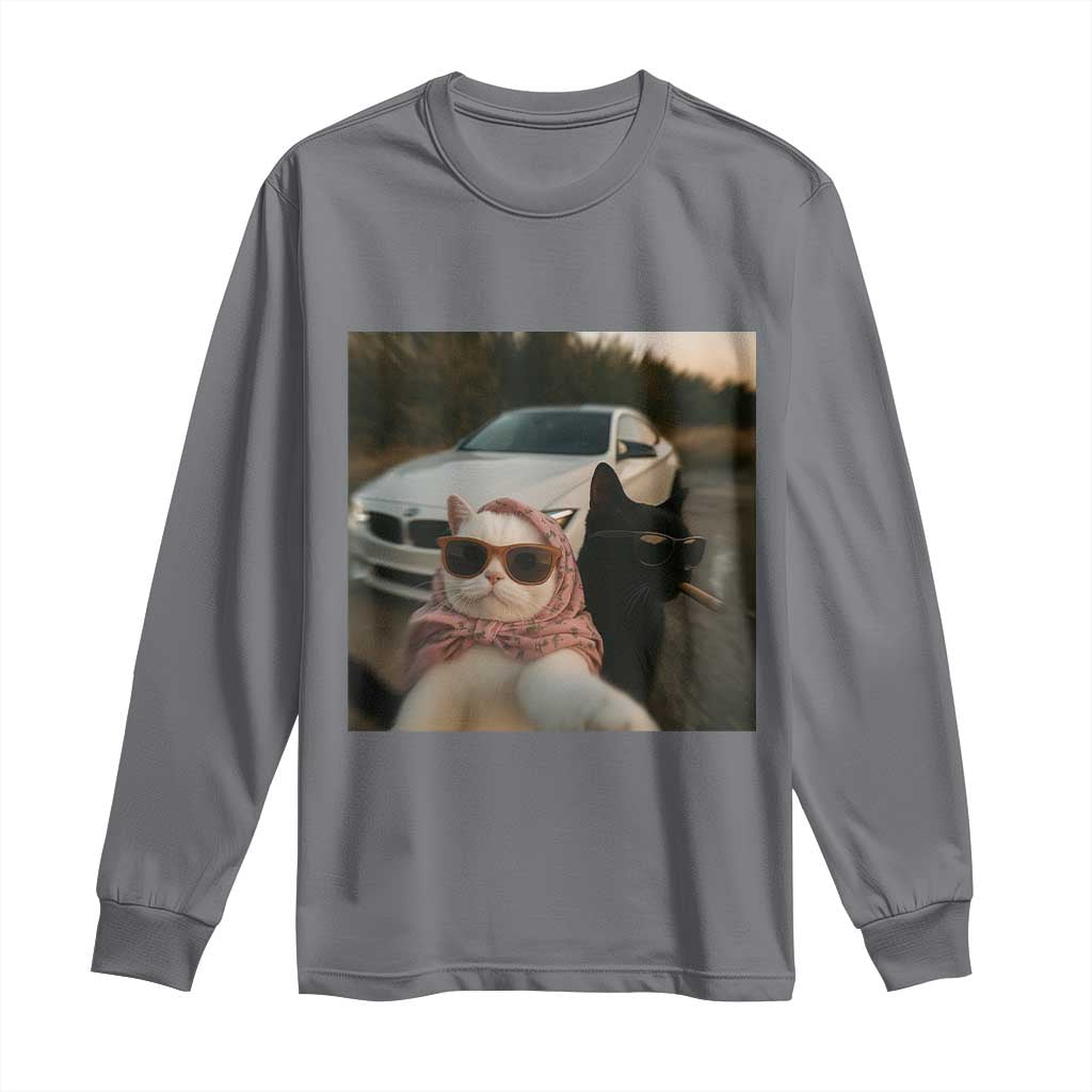 Cats Selfie Meme Long Sleeve Shirt Funny Black Cat Smoking Cigarette With Car TS14 Charcoal Print Your Wear