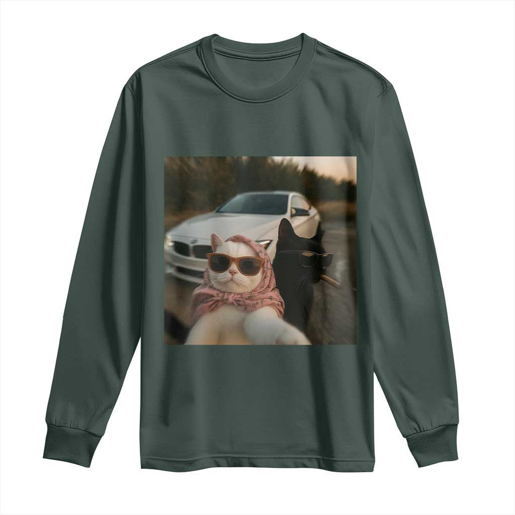 Cats Selfie Meme Long Sleeve Shirt Funny Black Cat Smoking Cigarette With Car TS14 Dark Forest Green Print Your Wear