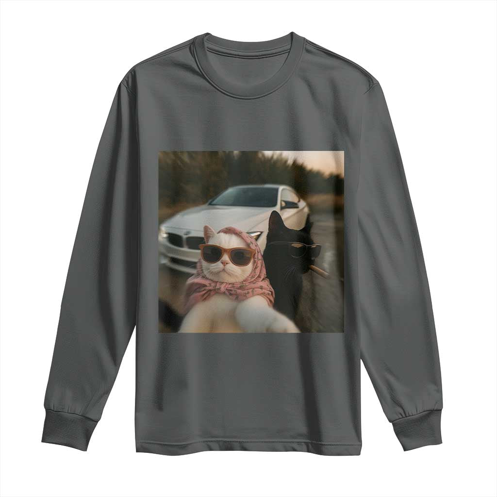 Cats Selfie Meme Long Sleeve Shirt Funny Black Cat Smoking Cigarette With Car TS14 Dark Heather Print Your Wear